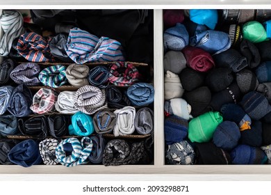 Home Drawer Box With Organized Folded Underwear Lingerie KonMari Marie Kondo Vertical Storage Method. Sorted Many Different Undergarments Pants And Socks At Bedroom Dresser