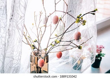 Home Easter Decor With Branches And Eggs.