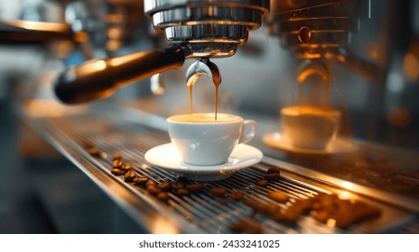 Home Espresso Machine Pouring Fresh Coffee
Dual espresso shot being poured into clear mugs on a modern home espresso machine, with scattered coffee beans and houseplants in the background - Powered by Shutterstock