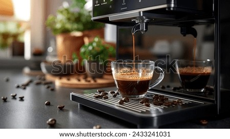 Home Espresso Machine Pouring Fresh Coffee
Dual espresso shot being poured into clear mugs on a modern home espresso machine, with scattered coffee beans and houseplants in the background