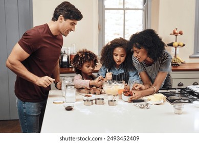 Home, family and baking with recipe, help and care with hobby, learning and time together. Apartment, parents and mother with father in kitchen, routine or ingredients with utensils, love or teaching - Powered by Shutterstock