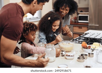 Home, family and baking with recipe, kids and care with hobby, teaching or time together. Apartment, parents and mother with father in kitchen, children or ingredients with utensils, help or learning - Powered by Shutterstock