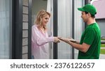 Home fast delivery service. Man courier bring mail package. Girl open door take pack. E commerce job. Person order documents envelope. Woman buy post parcel. Letter bill delivery. Data paper deliver.