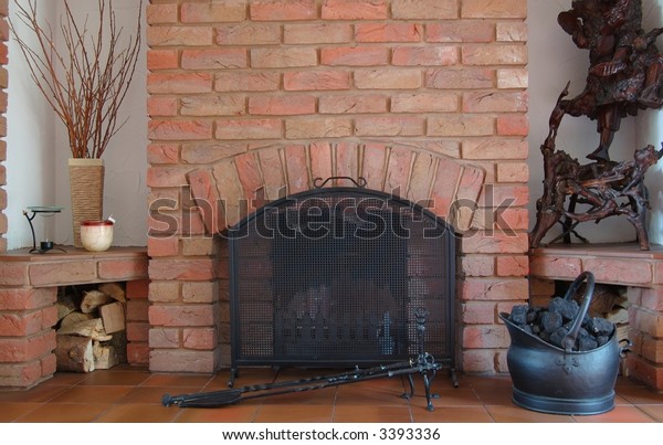 Home Fireplace Logs Coal Bucket Pokers Stock Photo Edit Now 3393336