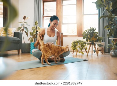 Home fitness, yoga or happy woman with cat or pet animal relaxing for wellness or healthy lifestyle. Smile, calm or active zen girl loves bonding, caring or playing with kitten or kitty in house - Shutterstock ID 2281832749