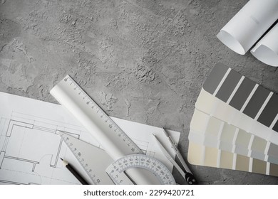 Home floor plans or house building blueprint project, measurement tools and color palette guide catalog with colour swatches. Architect or interior design flat lay composition with copy space. - Powered by Shutterstock