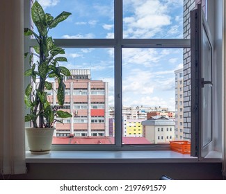 home flower on the windowsill of an open office window, a view of the neighboring house and the blue summer sky. copy space. - Shutterstock ID 2197691579