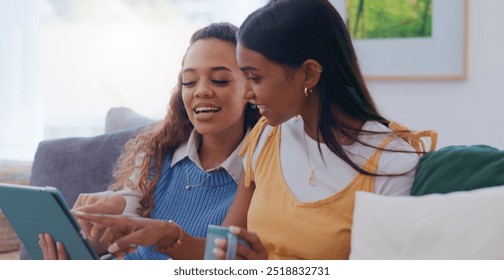 Home, friends and women with tablet, browsing and choice of movie, smile and streaming of horror and lounge. Relax, girls and bonding with entertainment, subscription and decision for film and happy - Powered by Shutterstock