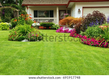 Home Garden. A carefully maintained home garden in full spring summer bloom.