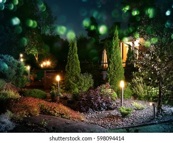 Home Garden Patio Ready For Colorful Evening Party