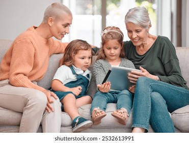 Home, grandmother and children with tablet, mama and typing with smile, internet and bonding together in living room. Family, granny and kids with tech, mom and digital app with happiness in lounge - Powered by Shutterstock