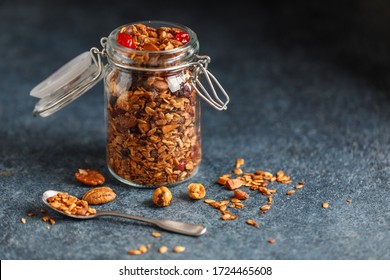 Home granola with nuts and berries. Healthy vegan snack