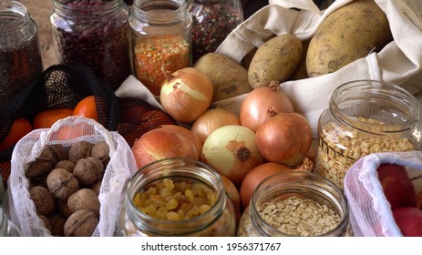 Home Grocery Reserve. Zero Waste Pantry. Food Shopping And Storing In Glass Jars: Grains, Legumes, Seeds, Nuts, Dried Herbs, Dried Fruit, Cereals, Spices. Fruits And Vegetables In Reusable Bags