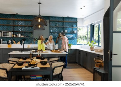 At home, Group of senior friends toasting with wine glasses in modern kitchen. Celebration, friendship, lifestyle, retirement, socializing, bonding, dining, fun, unaltered - Powered by Shutterstock