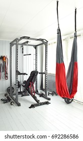 Home Gym Equipment . Private Gym In Luxury Home, Empty Room With Fit Equipment Left After Practice, Healthy Lifestyle Concept, Small Gym Room With Exercise Equipments. House Interior, Arendal. Norway.