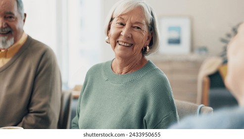 Home, happy friends and senior woman relax, conversation and bonding in lounge. Elderly, pensioner and group of people smile in living room for chat, funny and laughing together in retirement house - Powered by Shutterstock