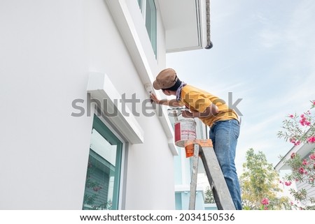 Home or house painting work consist of painter man or worker person and bristles brush, aluminium ladder, bucket to renovation, construction, improvement or repair at crown molding or cornice at wall.