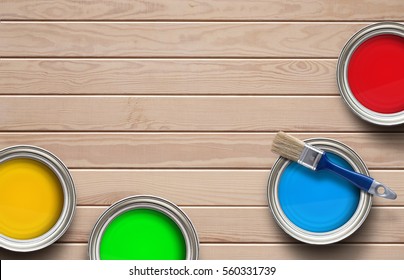 Home Improvement, Colorful Paint Cans On The Clear Wooden Background With Copy Space