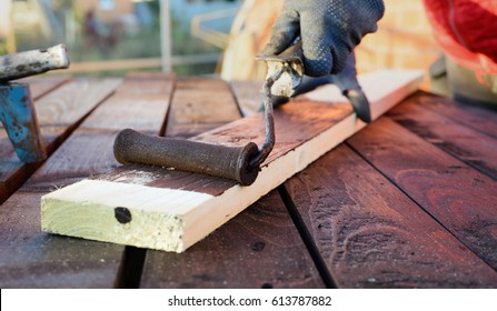 Home Improvement - Handywoman Painting Wooden Plank Outdoors