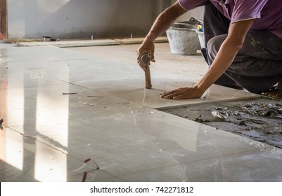 Home Improvement, Renovation - Construction Worker Tiler Is Tiling, Ceramic Tile Floor Adhesive