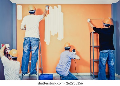 Home improvement, Renovation set. asian craftsman team working in the room, art filter