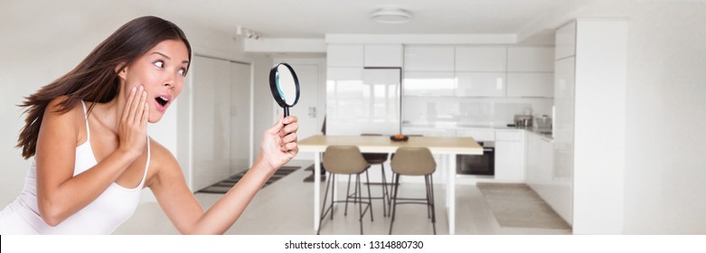 Home Inspection Funny Surprised Woman Searching Through Magnifying Glass Looking At Kitchen For Hidden Defects Real Estate Home Buyer Inspecting For Mold, Water Damage, Cracks. Panoramic Banner.