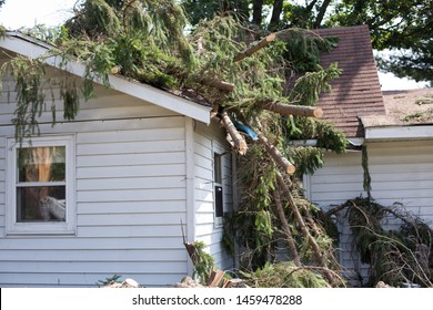 Home Insurance. Insurance Storm.Storm Damage.Roof Damage From Tree That Fell Over During Hurricane Storm.A Storm Causes A White Oak Tree To Fall And Rip Through The Roof Of A House. A Tree Falls.