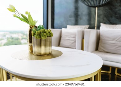 Home interior with decor wooden table and plants decoration interior design of living room.