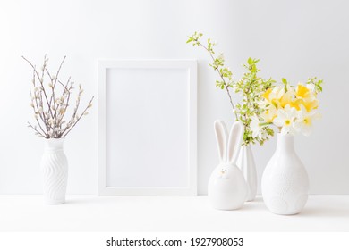 Home Interior With Easter Decor. Mockup With A White Frame And Spring Flowers In A Vase On A Light Background