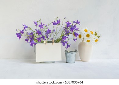 Home Interior And Garden Concept With Summer Flowers In A Metal Bucket On A Light Background