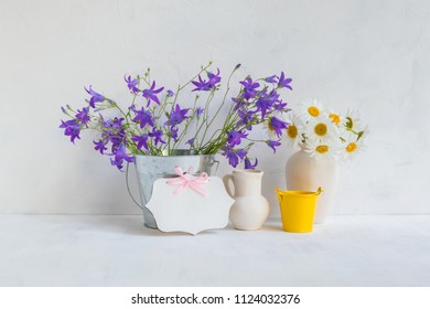 Home Interior And Garden Concept With Summer Flowers In A Metal Bucket On A Light Background