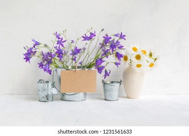 Home Interior And Garden Concept With Summer Flowers In A Metal Bucket On A Light Background