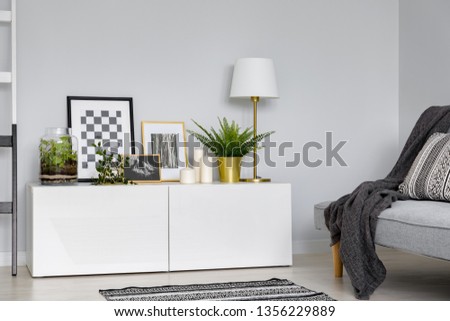 Home interior with simple sideboard and sofa in scandinavian style