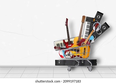 Home Interior - Stack Pile Collage Of Various Musical Instruments In Shopping Cart In Front On A White Wall Background