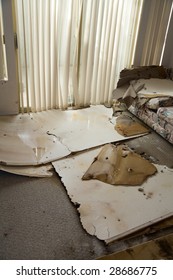 Home Interior Water Leaking Damaged Plasterboard And Carpet