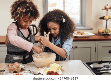 Home, kids and learning with cooking, messy and nutrition as children or siblings for education. Young people, baking and teaching for development, growth and kitchen counter as family in bonding - Powered by Shutterstock