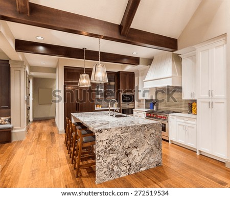 Home Kitchen with Island, Sink, Cabinets, and Hardwood Floors in New Luxury House