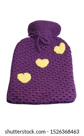 A Home Knitted Purple Wool Hot Water Bottle Cover.