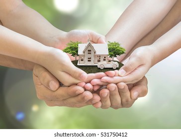 Home Loan, Car Insurance, Family Life Assurance Protection, Financial Mortgage For House Building, And Legacy Planning Investment Concept With Children - Parent's Hands Holding Private Property