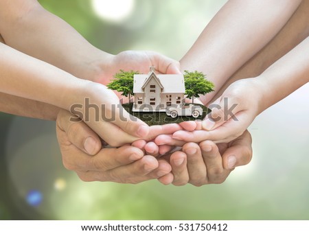 Home loan, car insurance, family life assurance protection, financial mortgage for house building, and legacy planning investment concept with children - parent's hands holding private property