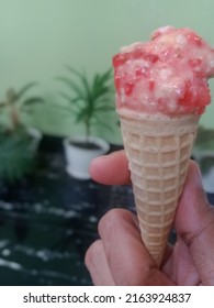 Home Made Banana Strawberry Ice Cream Cone. So Yummy