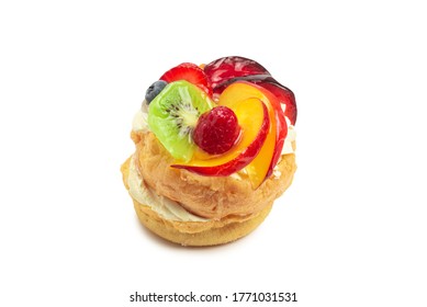 Home made cake with cream and fruit isolated on white. 