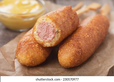 Home Made Corn Dog Fried Sausage Skewer With Mustard