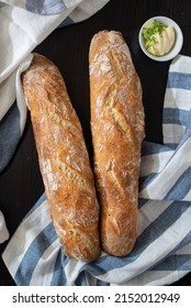 Home Made Fresh French Baguette Loafs On A Table