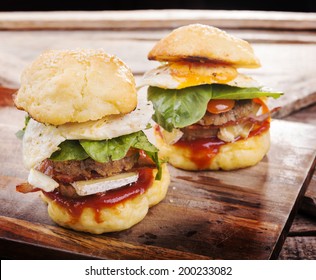 Home Made Gluten Free Mini Burgers Or Sliders With Beef, Egg, Lettuce, Cheese And Sauce