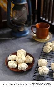 Home Made Of Malaysia Traditional Coconut Cream Cookies Or 'Kuih Bangkit' On The Table Over Dark Background. Famous Delicacy For Hari Raya.