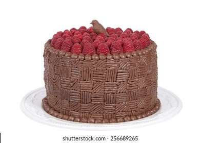 Home Made Original Design Chocolate Cake With Fresh Raspberries And Molded Chocolate Candy Bird Topper. Number 5 Tip Lines In Pattern Design Pipped On The Side Of The Cake. Number 10 Tip Border.