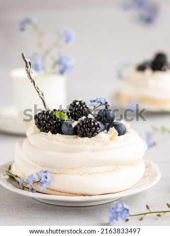 Home made Pavlova desert with blackberry cream cheese on white background