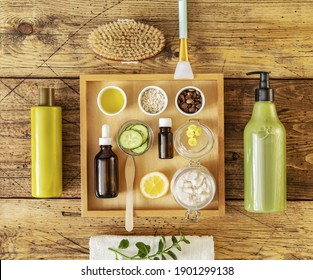 Home Made Skin Care. Natural Skin Care Products. Eco Friendly Bathroom And Spa Accessories. Fresh Ingredients For Preparing Natural, Organic Scrub. Beauty Mock-up Bottles For Branding. Top View