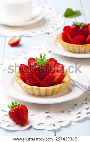 Image, Stock Photo Delicious strawberry tartlets with vanilla cream in heart shape